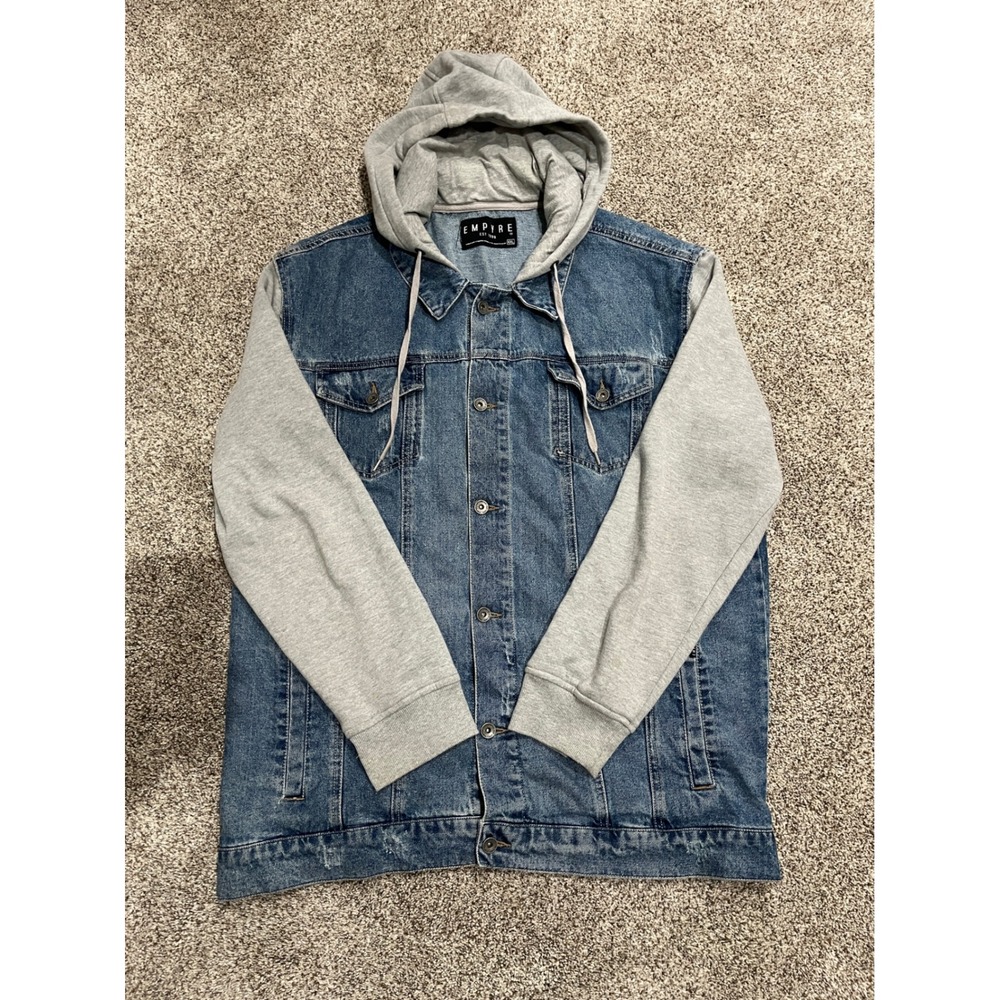 Empyre Mens XXL Denim Jacket Grey Hoodie Sleeves Mixed Media Trucker Blue Grey